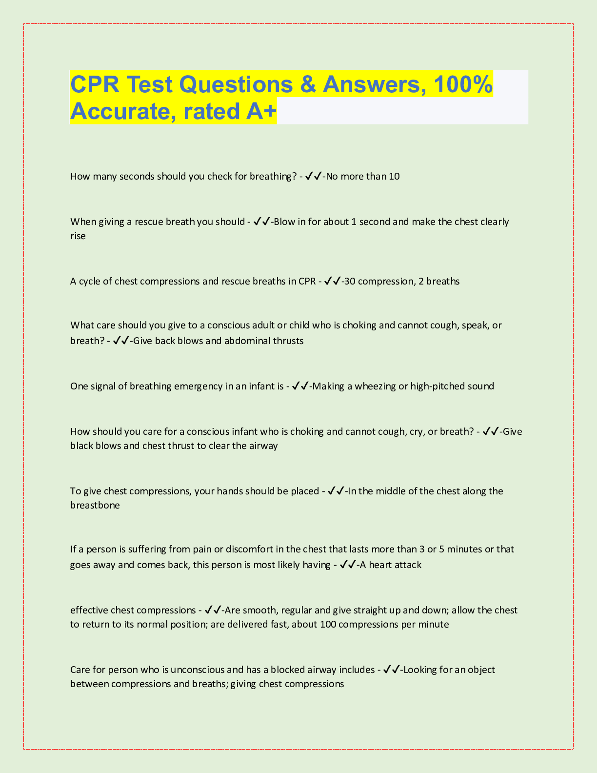 Preview image for CPR Test Questions & Answers, 100%  Accurate, rated A+